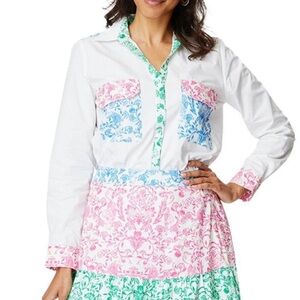 Roller Rabbit White Button-Down Shirt with Blue, Pink & Green Floral Accents